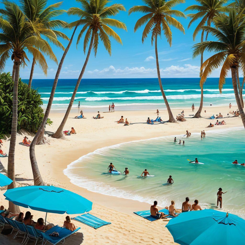A vibrant beach scene featuring diverse individuals in stylish beachwear engaged in various aquatic activities like surfing, snorkeling, and playing beach volleyball. The sun is shining brightly, with crystal-clear turquoise waters and a backdrop of palm trees swaying in the breeze. Include colorful beach towels and umbrellas scattered on the sandy shore to enhance the lively atmosphere. super-realistic. vibrant colors. summer vibes.
